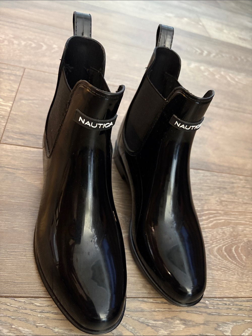 Nautica Black Chelsea Ankle Rain Boots Glossy Waterproof Booties Size 6